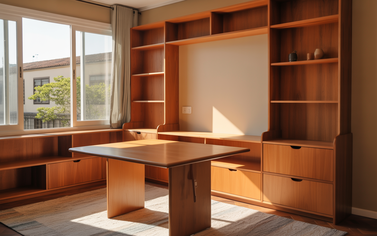 Sistema multifuncional de móveis em apartamento compacto: mesa dobrável de parede, prateleiras integradas e armazenamento oculto