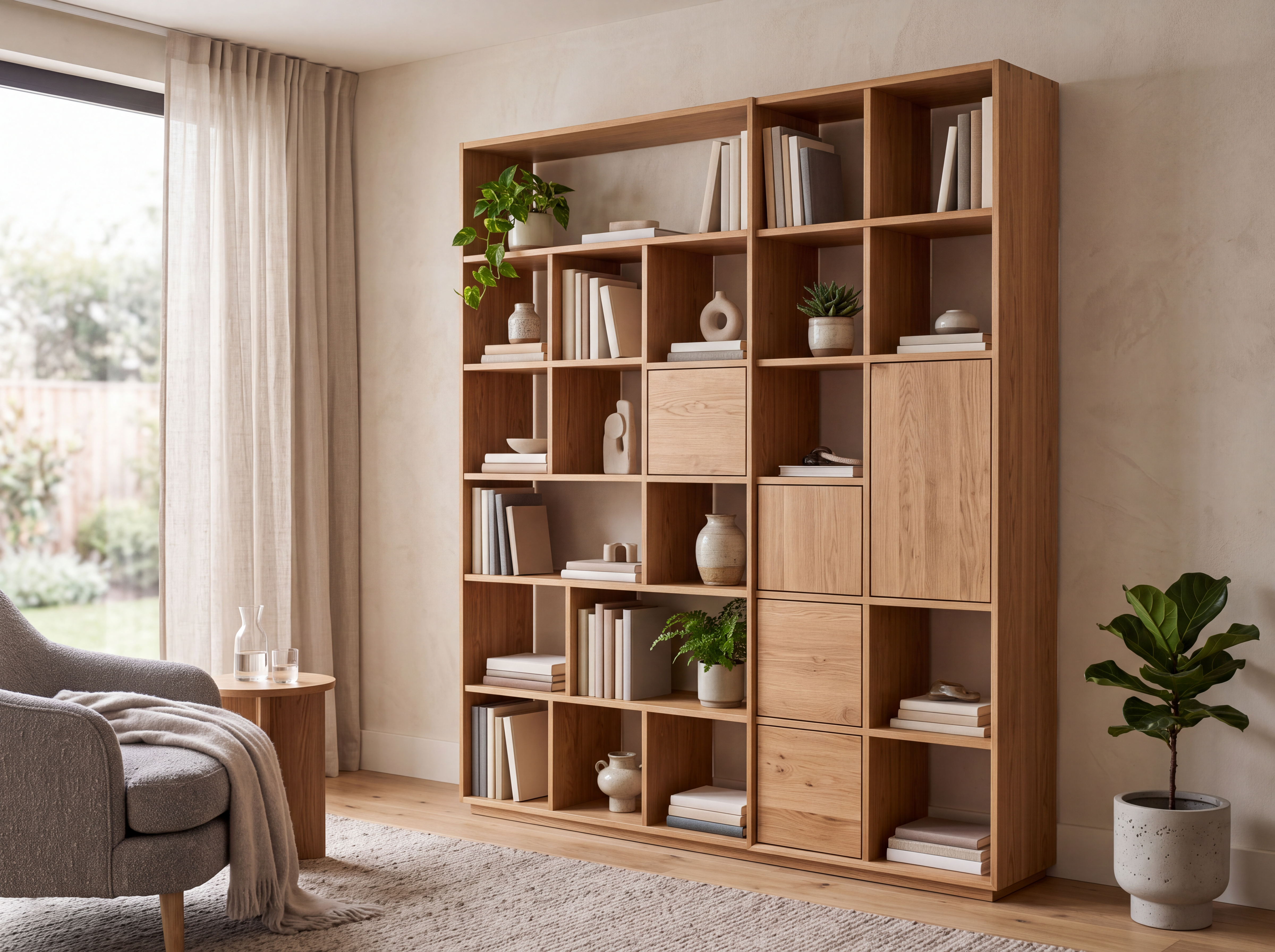 Estante modular grande em carvalho na sala